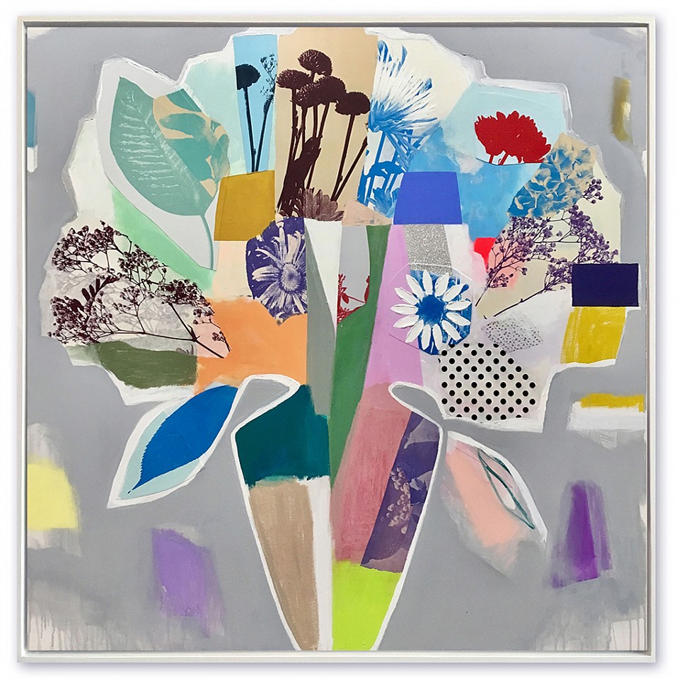 Emily Filler, Bouquet (color block & polka dots) 
Collage, acrylic & silkscreen on canvas, 48 x 48 in.