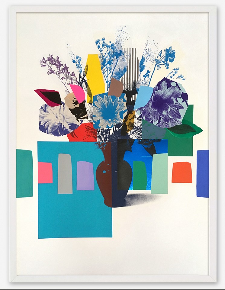 Emily Filler, Paper Bouquet (blue, black, maroon vase) Sold
Silkscreen, collage & gouache on paper, 31 x 23 in.