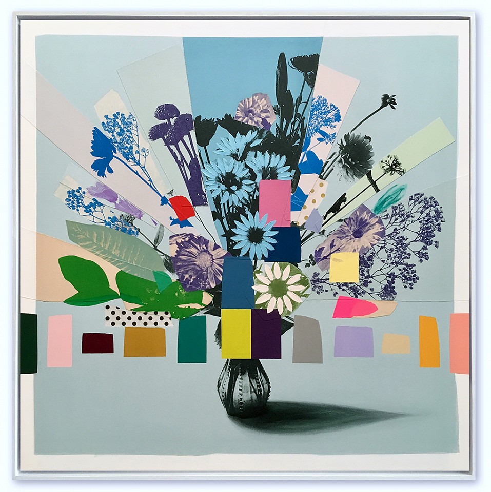 Emily Filler, Vintage Bouquet (blue flowers & green leaves)
Collage, acrylic & silkscreen on canvas, 48 x 48 in.