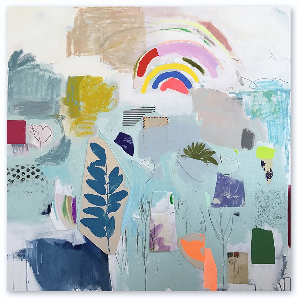 Emily Filler, Untitled II (turquoise & rainbow) Sold
Collage, acrylic & silkscreen on canvas, 48 x 48 in.