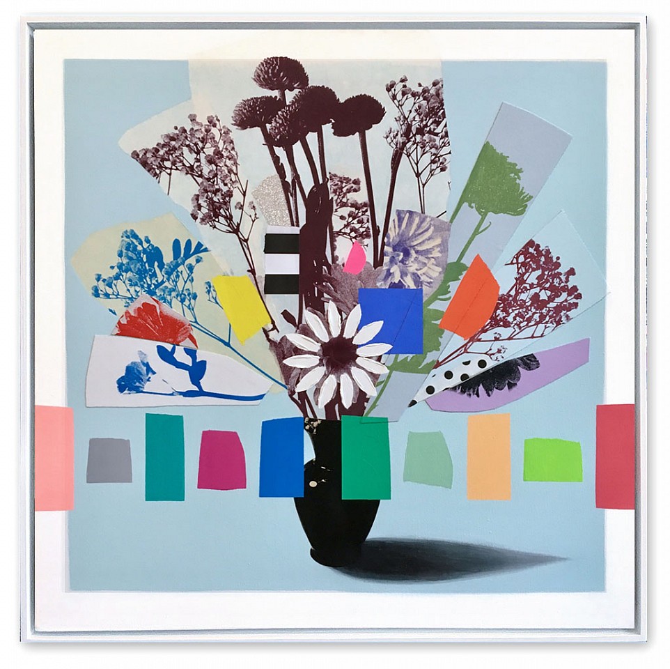 Emily Filler, Vintage Bouquet (white & burgundy)
Collage, acrylic & silkscreen on canvas, 31 x 31 in.