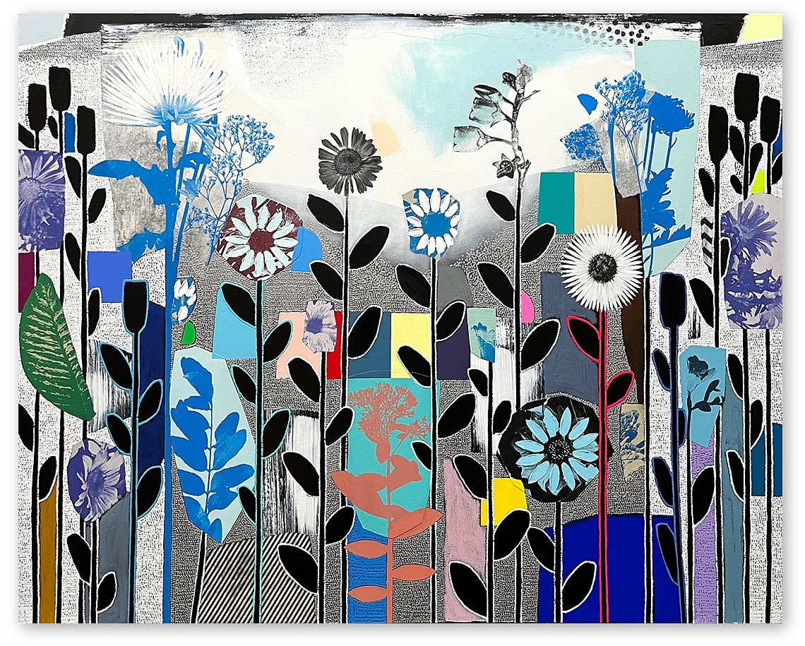 Emily Filler, Dreamscape Blue + White Flowers (Sold)
Collage, acrylic & mixed media on canvas, 48 x 60 in.