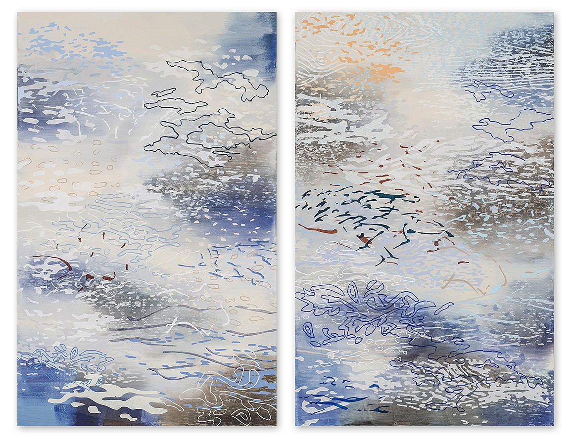 Laura Fayer, Five Winds & Sky Palace
Acrylic & Japanese paper on canvas, 48 x 30 inches each (48 x 60" overall), may be purchased individually