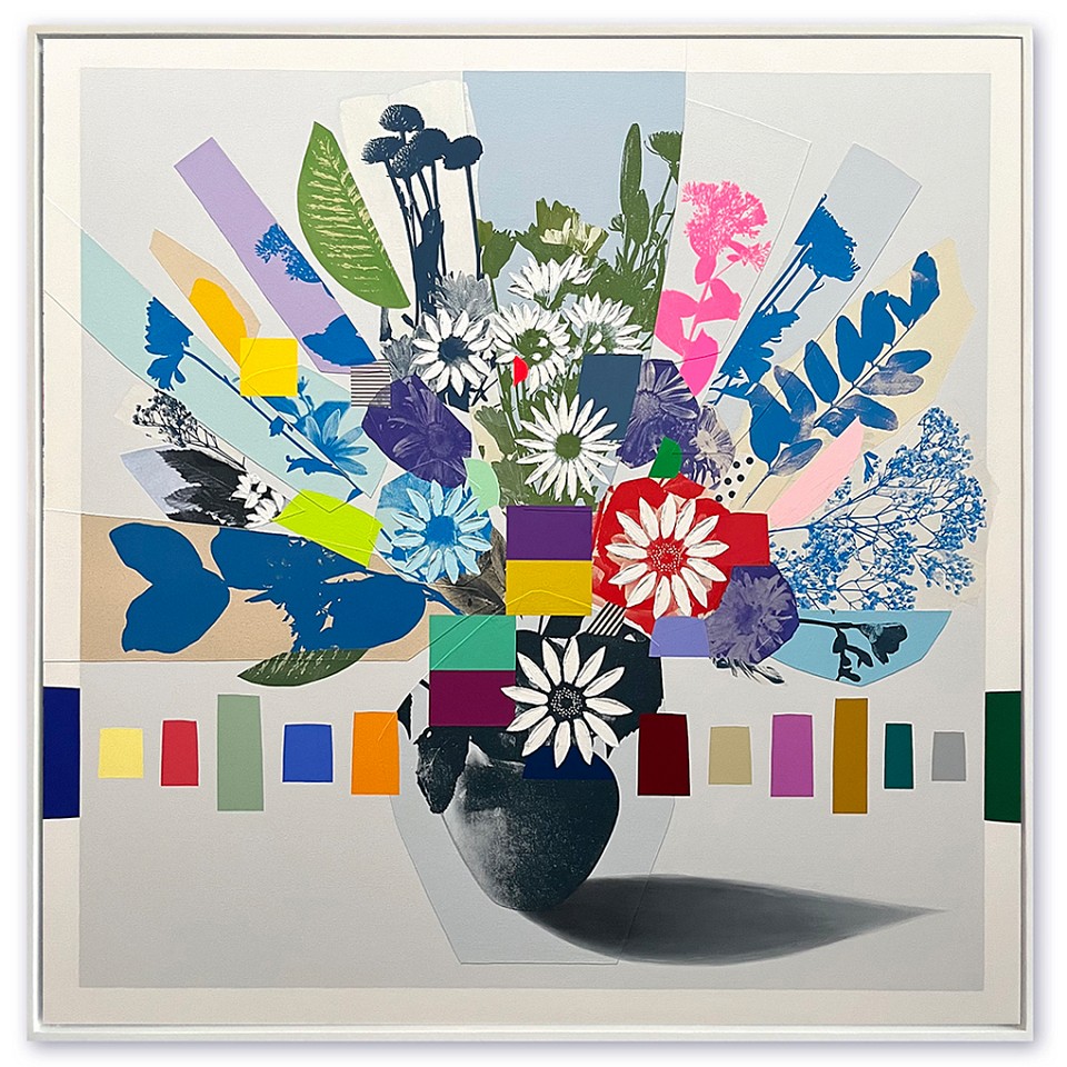Emily Filler, Vintage Bouquet (red flower + blue leaves)
Mixed media on canvas, 60 x 60 in.