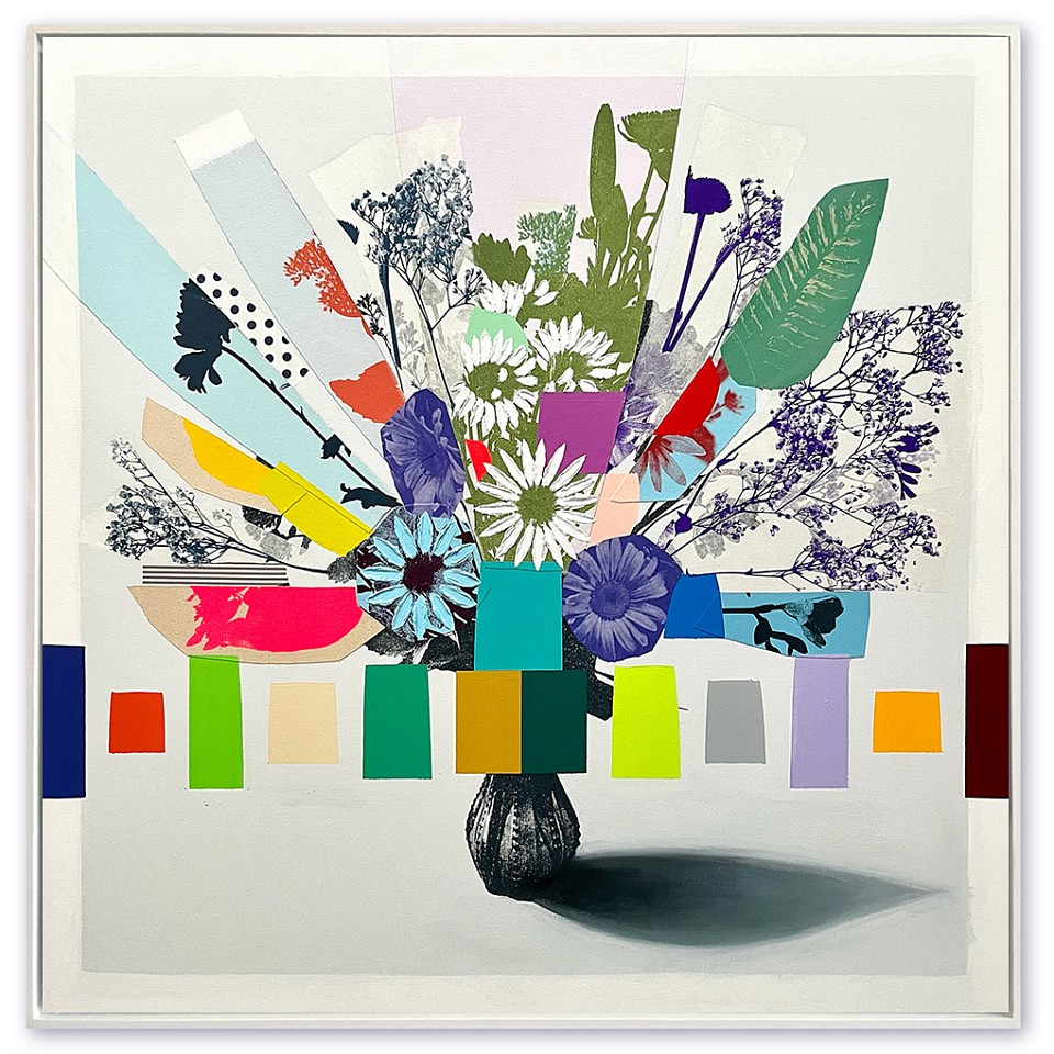 Emily Filler, Vintage Bouquet (blue flowers + hot pink leaf)
Mixed media on canvas, 48 x 48 in.