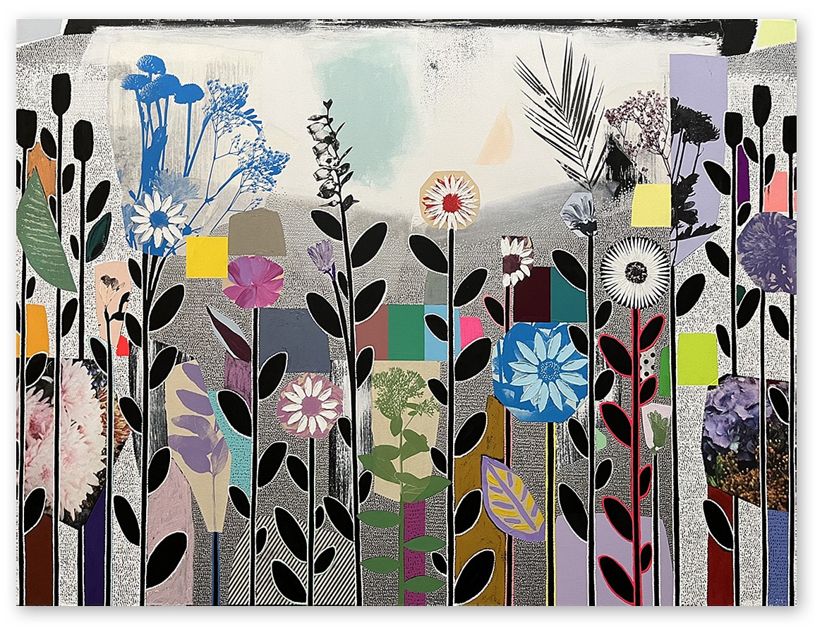 Emily Filler, Dreamscape (blue dahlia)
Collage, acrylic & mixed media on canvas, 54 x 72 in.