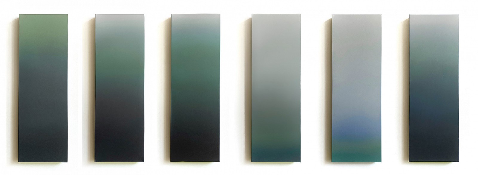 Lindsy Halleckson, Leaf Portraits No. 1, 12, 13, 18, 22, 23
Acrylic on canvas, 30 x 10 inches each, may be sold individually
The Leaf Portrait paintings correspond to the unique signature of monoterpene gases that Ponderosa pine needles emitted during photosynthesis, as studied in 2020-21 by Dr. Mj Riches. I have chosen to create these works in a tall format to evoke the verticality of the pine forest, and how this thin height is replicated among the leaves. Bright undersides of each painting are in response to what another researcher said about some of the data gathered at the site: “The surprise is the understory.”